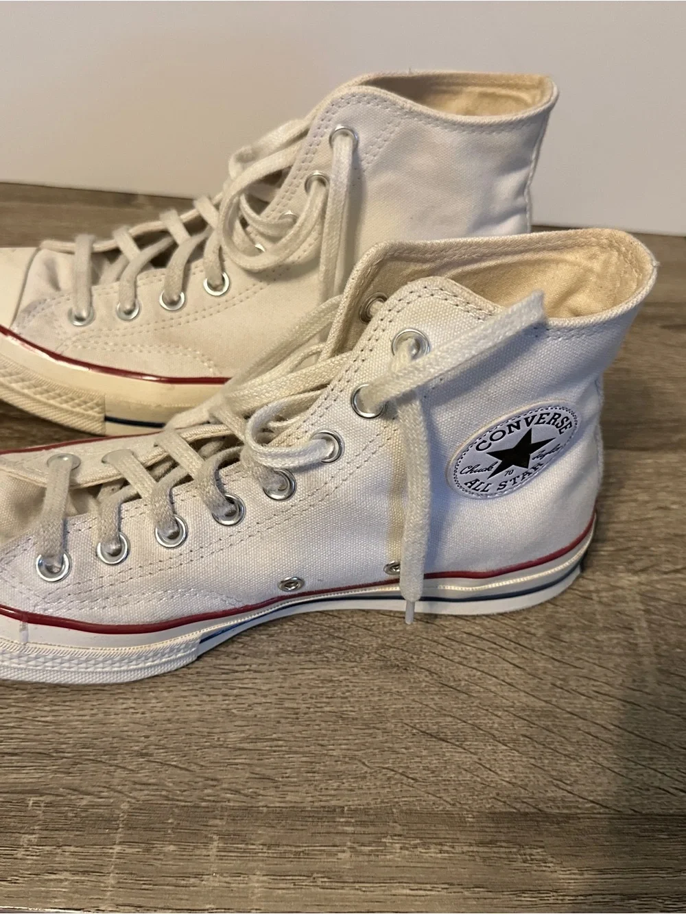 Converse Chuck 70 High Top Sneakers in Cream with Red & Blue Trim